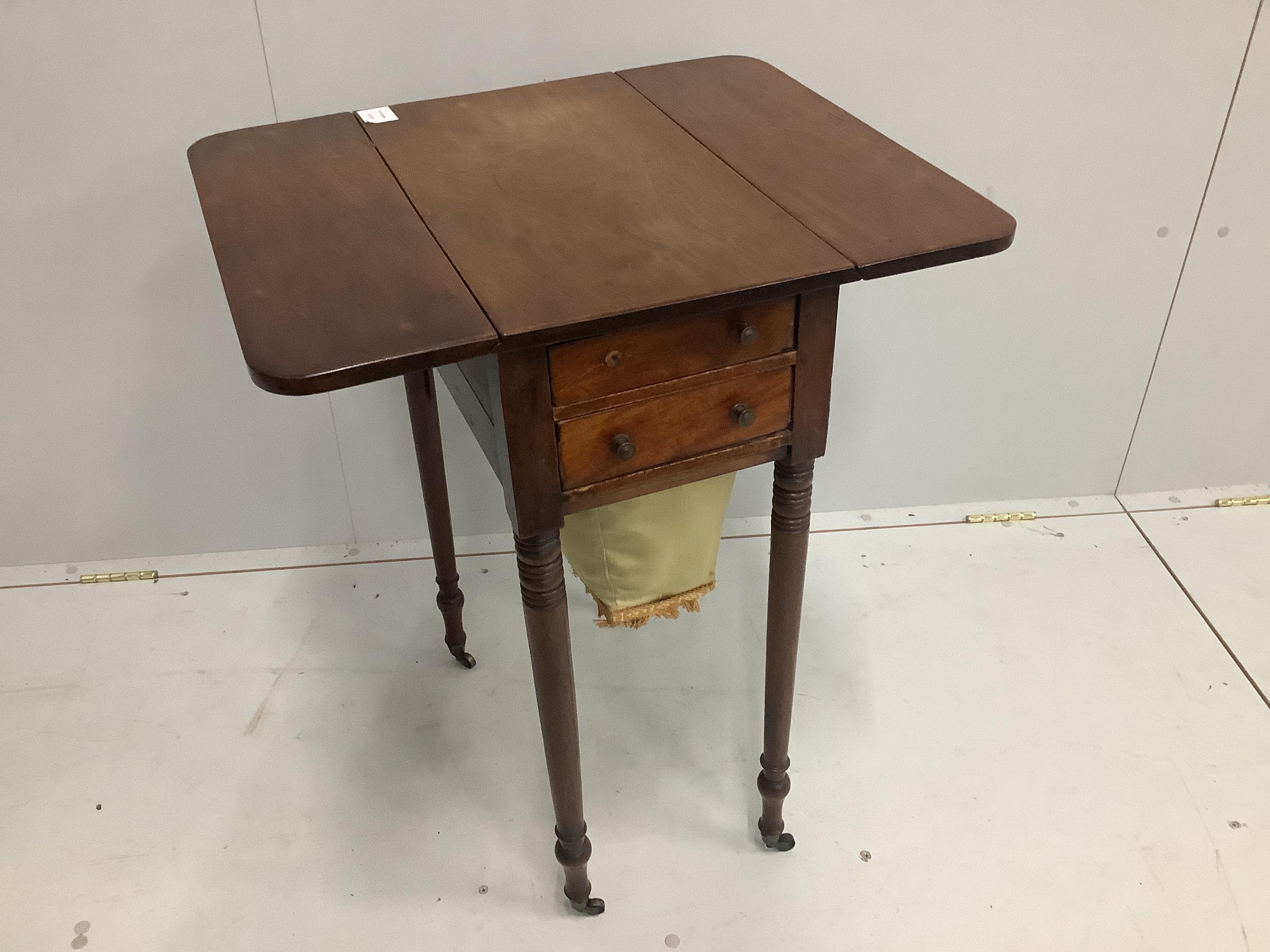 A Regency mahogany drop flap work table, width 50cm, depth 32cm, height 75cm